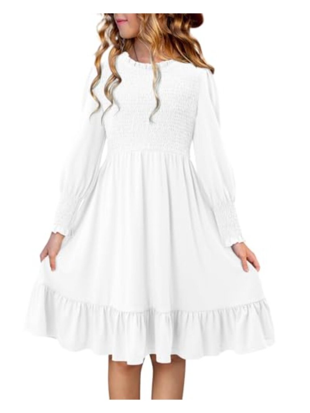 Girls Ruffle Neck Puff Long Sleeve Flowy Smocked Dress Casual Knee Length